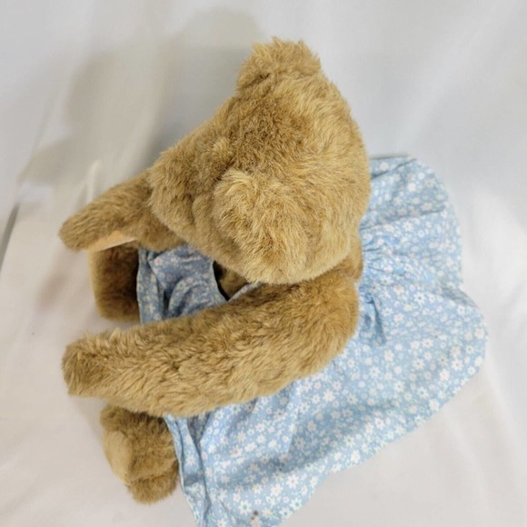 Vtg Vermont Teddy Bear Company Jointed Tan Light Brown Bear in Blue Floral Dress - Picture 5 of 9